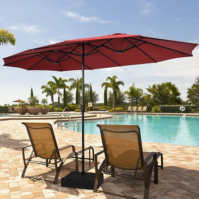 Tangkula 15FT Double-Sided Patio Umbrella with Base, Extra-Large Market Umbrella W/Crank System, Outdoor Twin Umbrella W/ 12-Rib Metal Structure & Air Vents for Garden, Backyard, Poolside (Burgundy)