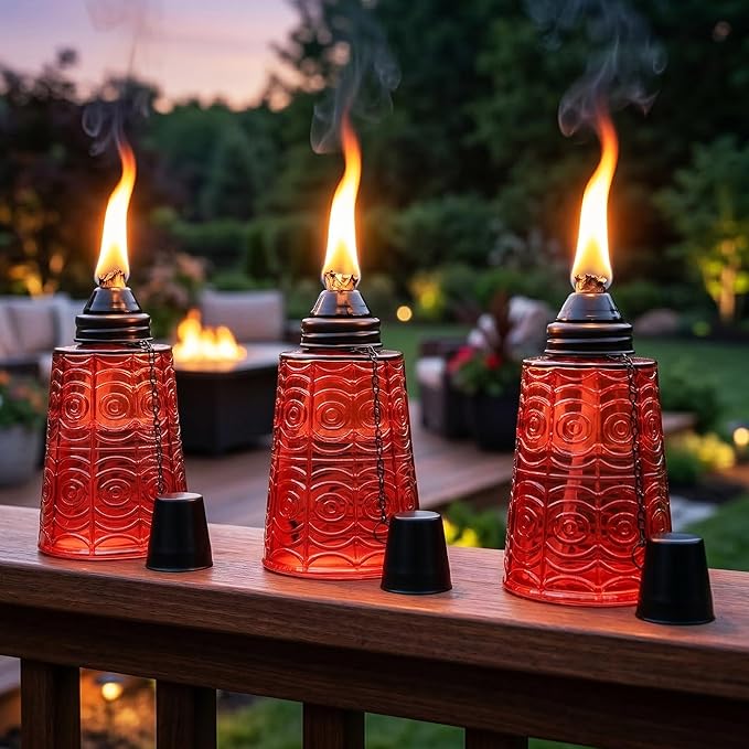 Seraphic Citronella Table Top Torches for Outdoor Patio, 16oz Decorative Glass Torch Citronella Candles for Outside Deck, Garden, Parties, Set of 3, Red