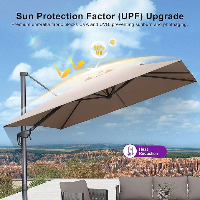 PURPLE LEAF Patio Umbrella 10' X 13' Rectangle Cantilever Umbrella with Wind Resistance Base Large Aluminum Outdoor Umbrellas with UPF40+ Premium Fabric for Deck Pool Garden, Sand Dune