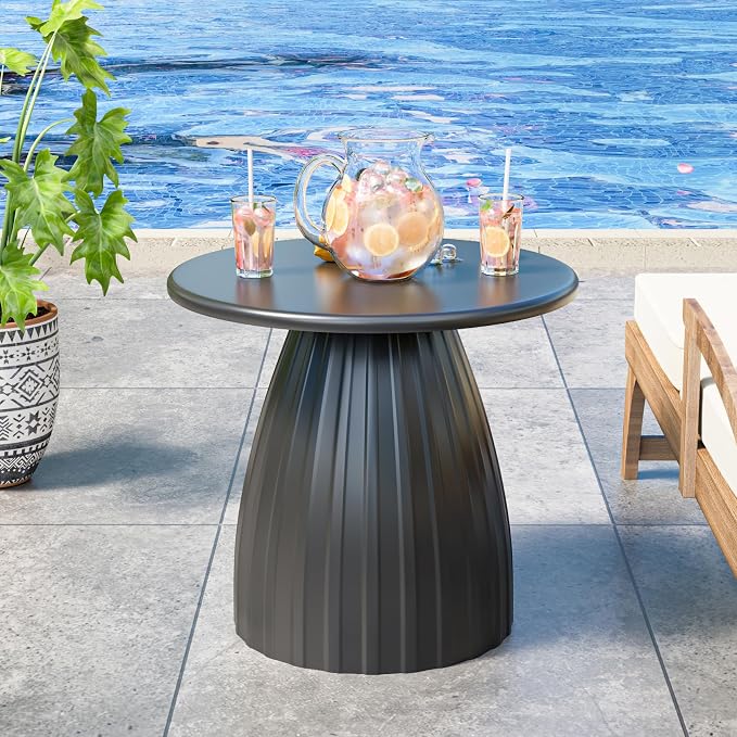 Round Metal Outdoor Patio Side Table, Black Small Patio End Table, Steel Outdoor Accent Table for Garden, Pool, Deck, Balcony, Yard, Living Room, Weather Resistant, No Assembly