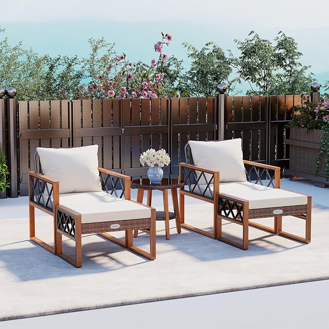 Tangkula 5 Pieces Patio Furniture Conversation Set, Outdoor Rattan Acacia Wood Cushioned Chairs with Ottomans, 2-Tier Side Table, for Porch, Balcony and Garden