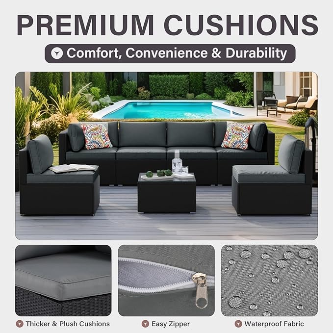 7-Piece Outdoor Patio Furniture Set, Outdoor Couch - Handwoven All-Weather Rattan & 4” Thick Waterproof Cushions, Wicker Outdoor Conversation Sets with Coffee Table for Backyard, Garden, Black/Grey