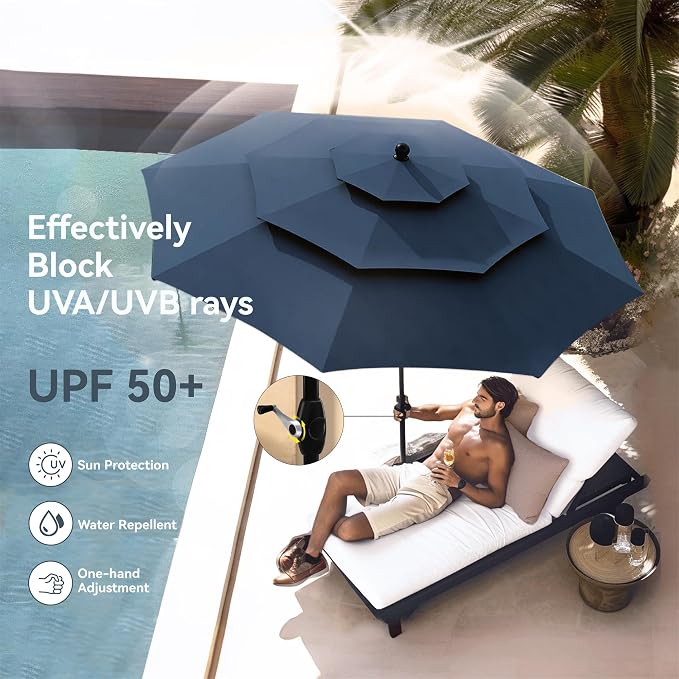 PHI VILLA 6 Piece Outdoor Dining Set with 10ft Umbrella (Navy Blue), Patio Table and Chairs for 4 with Lightweight Folding Chairs & Metal Square Table for Yard, Garden and Deck (No Umbrella Base)