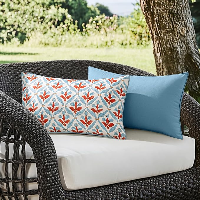 MIULEE Pack of 2 Decorative Outdoor Waterproof Throw Pillow Covers Flower Print Chic Boho Accent Pillow Covers for Square Garden Patio Cushion 12x20 Inch, Blue-Rust