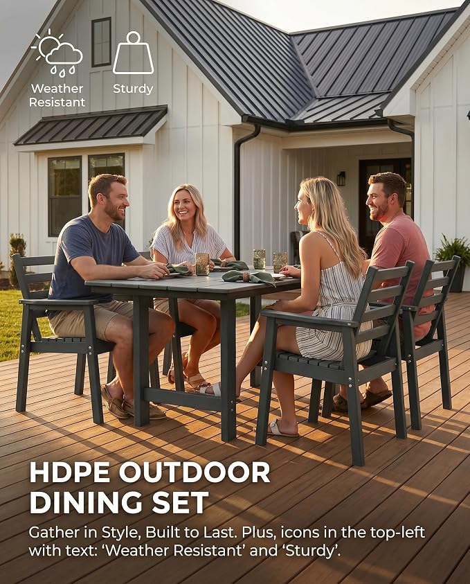 5 Piece HDPE Outdoor Dining Set for 4, Patio Dining Furniture Set with 2” Umbrella Hole, Weather Resistant Outdoor Table and Chairs for Garden, Poolside, Backyard, Deck