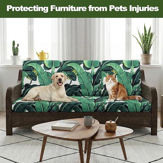 CALBODE 8 Pcs Stretch Outdoor Seat Cushion Covers, Washable Chair Seat Cover for Patio Furniture Cushions Soft Indoor and Outdoor Couch Cover Replacement (Monstera, Cover Only)