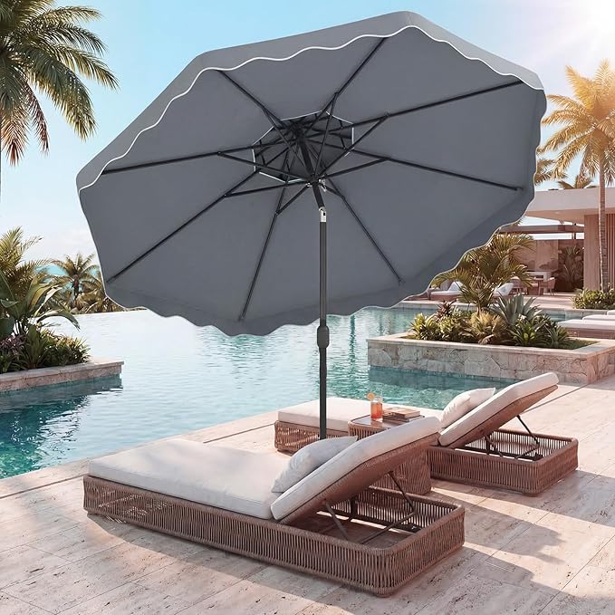 Happygrill 9 FT Patio Umbrella, Scalloped Outdoor Table Market Umbrella with Push Button Tilt & Crank, 2-Tier Vented Top, Heavy-Duty 8 Metal Ribs, Sun-Protective Canopy, Ruffle for Deck Pool Garden (Gray)