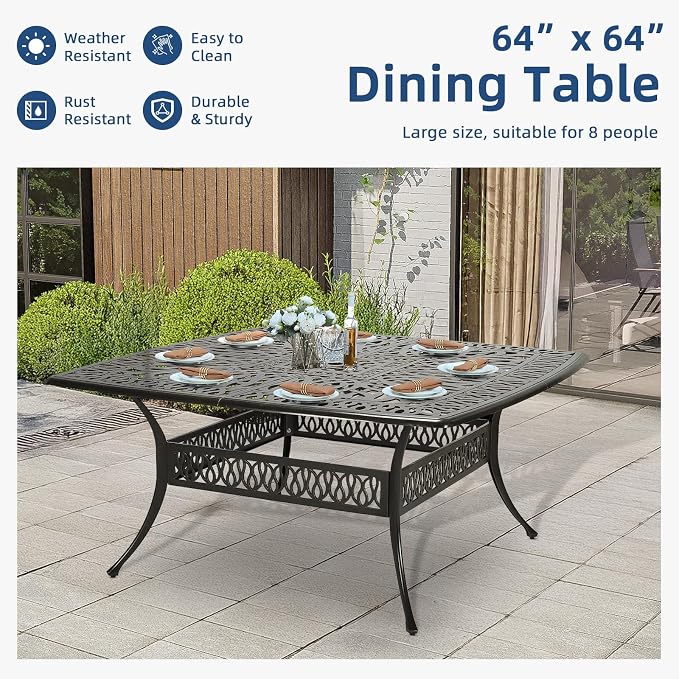 9-Piece Patio Cast Aluminum Dining Set, Outdoor Dining Furniture Set for 8 Person, Includes 64" Square Table, 6 Stationary and 2 Swivel Dining Chairs with Umbrella Hole, Ocean Blue