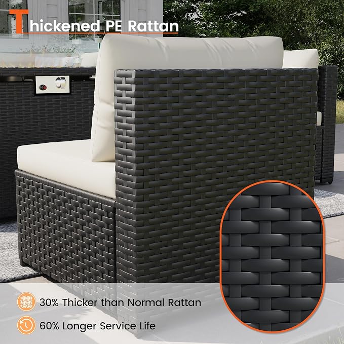 8 Piece Patio Furniture Set with 43" Fire Pit Table, Outdoor Sectional Wicker Rattan Sofa Set with Coffee Table (White/Black)