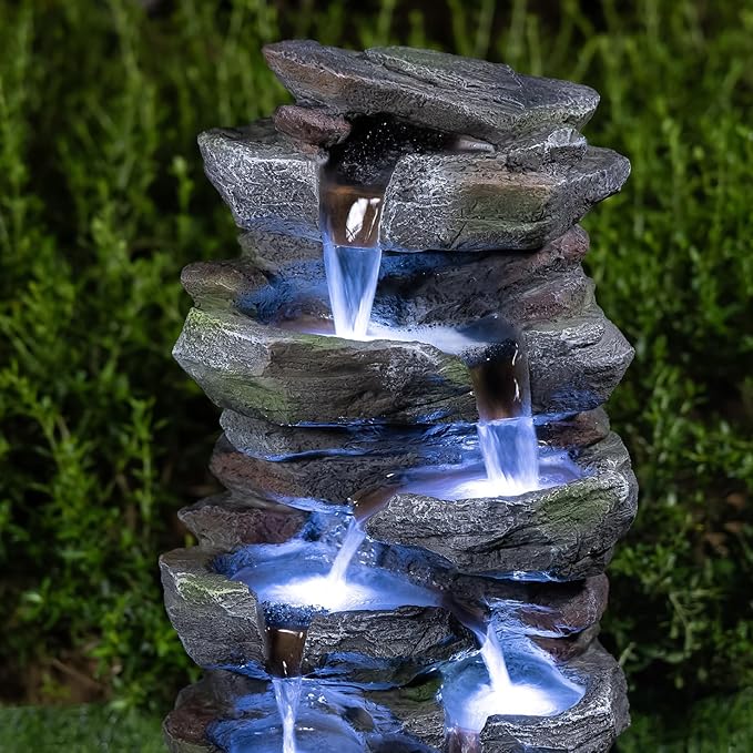 Rock Waterfall Outdoor Fountain with LED Lights Cascading Stone Garden Fountain for Patio Backyard Lawn Deck Resin Tiered Water Feature Outdoor Decor 23.6 Inch