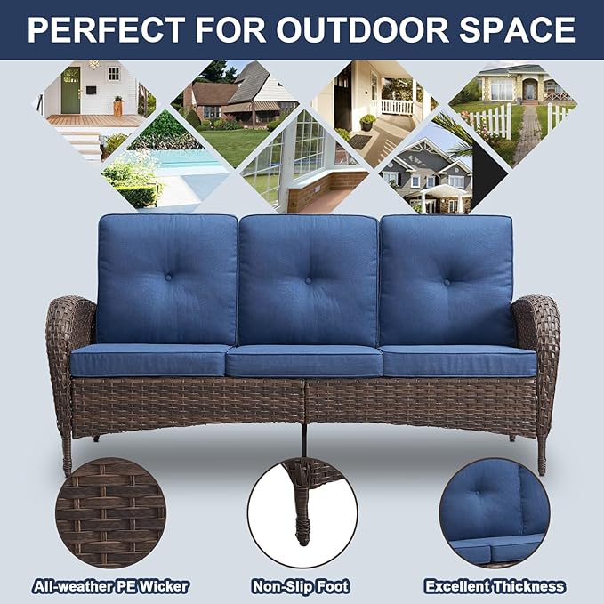 Belord Patio Rocking Chairs Furniture Set of 6, Outdoor Wicker Furniture Sets with Wicker Rocker, Small Patio Conversation Sets with Outdoor Couch Ottomans Brown/Blue