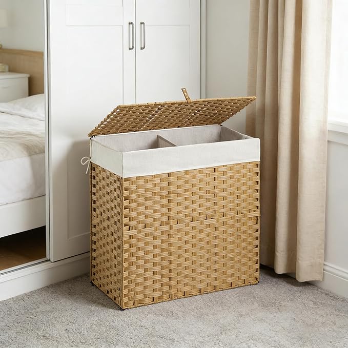 Outdoor Wicker Laundry Hamper with Lid,130L Foldable Laundry Basket with Removable,Machine Washable 2-Section Liner and Handles,Handwoven Yellow Rattan Hamper for Organization and Storage