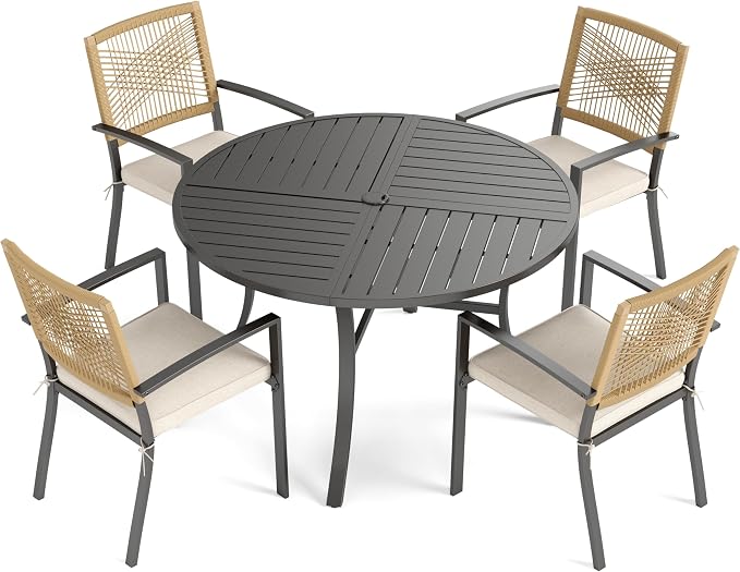 PHI VILLA Outdoor Dining Set for 4, 42" Round Table, Wicker Chairs | 5 Piece Patio Dining Set, Round Patio Dining Table Set with Patio Wicker Chairs for Garden, Porch, Deck