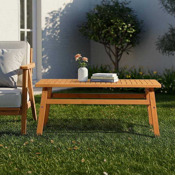 Patio Coffee Table, Outdoor Wood Coffee Table, 42" Farmhouse Side Table for Patio, Solid Cedar Wood Accent Table with Slatted Tabletop for Garden Poolside Lawn Living Room, Teak Wood Finish