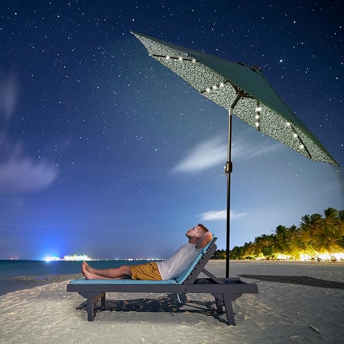 Backyard Expressions 9FT Solar Patio Umbrella with 32 LED Lights, UPF50+ UV Protection, Fade-Resistant Fabric, Easy Tilt & Crank, Outdoor Umbrella for Patio, Deck & Pool (Base Not Included)
