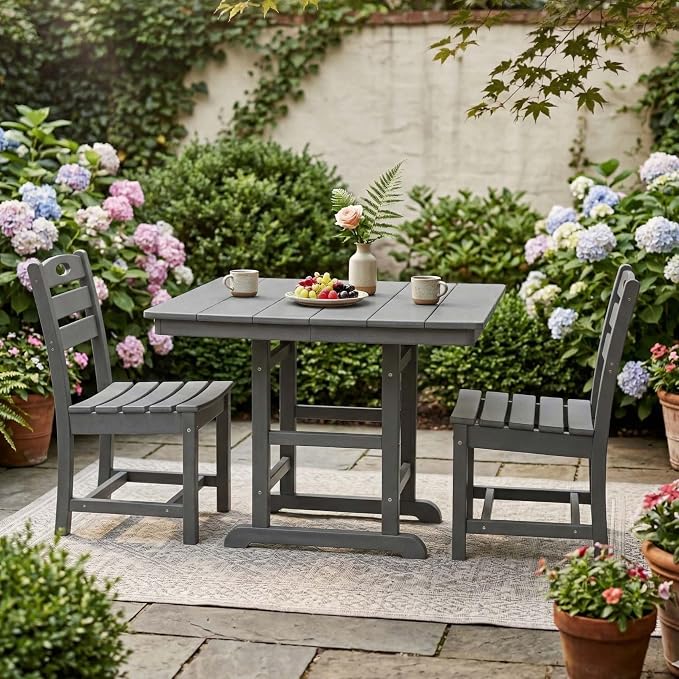WILLIAMSPACE 37.8" Outdoor Patio Dining Set with 2 Armless Chairs, All Weather HDPE Square Dining Table with Umbrella Hole, Patio 3-Piece Bistro Set for Backyard, Balcony, Lawn, Kitchen (Grey)