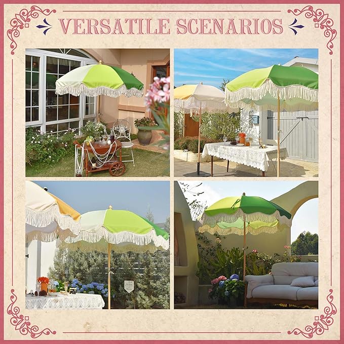 LAGarden Fringe Patio Umbrella with Carry Bag & Cover Vintage Wood for Event Outdoor Garden Yard Wedding Bistro Table