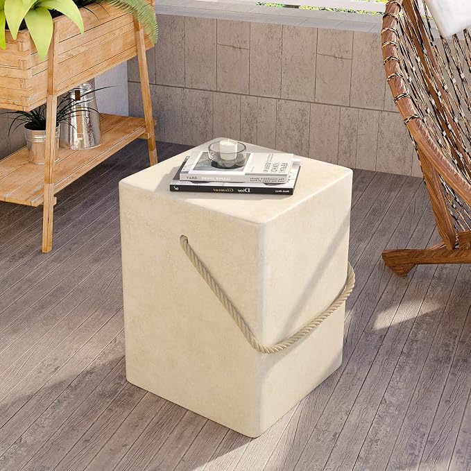 HOMPUS Outdoor Side Table w Hemp Rope Handle, Patio MgO Concrete Natural End Table, Square Accent Table, Small Coffee Table for Garden, Patio, Porch and Deck, Warm Grey