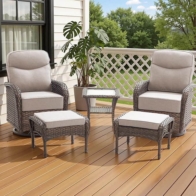 Luxury 6-Inch Cushion Outdoor Patio Furniture Set with Ottoman, Outdoor Swivel Rocker Patio Chairs with Side Table, Wicker Conversation Set for Deck Porch Garden Balcony and Poolside Beige