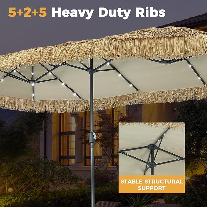 13ft Thatch Umbrella with Solar Lights Tiki Bench umbrella With Crank, Water-resistant for Bench, Patio,Pool