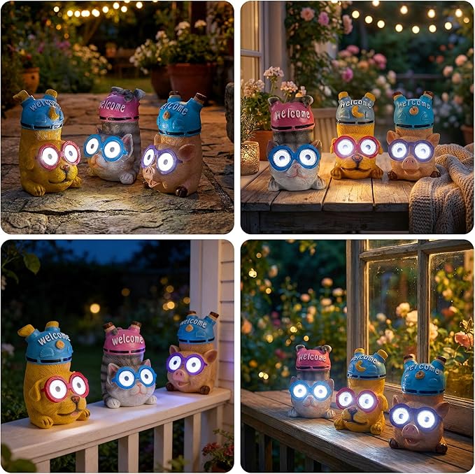 pearlstar 3 Pack Solar Lights Outdoor Garden Statues Resin Animal with Welcome Sign, Cat Dog Pig Solar Figurines LED Lights Waterproof Outside Decor for Patio Yard Lawn Pathway Christmas Ornaments