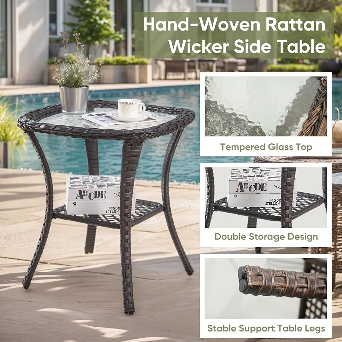 Outdoor Swivel Rocker Patio Chairs with Side Table 3 Pieces PE Wicker Patio Furniture Set for Porch Deck Balcony Garden-Brown/Grey