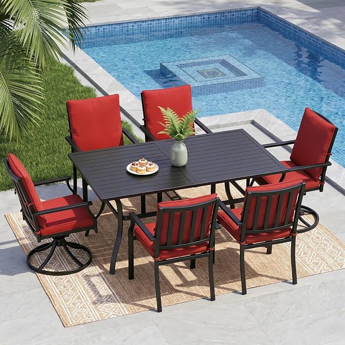 LVUYOYO 7-Piece Outdoor Patio Dining Set, Metal Dining Chair & Rectangular Table Set, All-Weather Furniture for Backyard, Garden,Balcony,Porch (Red)