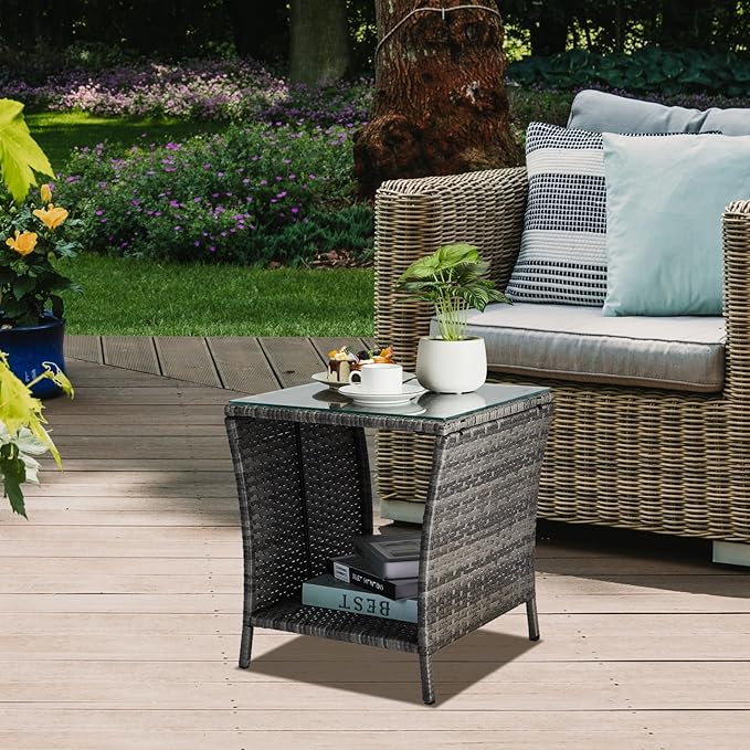 VINGLI Outdoor Wicker Side Table Patio Side Tables for Outside, Tempered Glass Top Wicker Table with Storage End Table for Balcony Porch Deck (Grey)