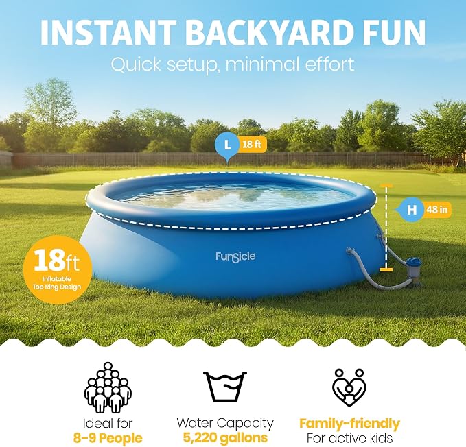 Funsicle Quickset 18' x 48" Round Above Ground Swimming Pool, with FiltraBoost 1200 GPH Filter Pump, Ladder, Type C Filter Cartridge & Repair Patch