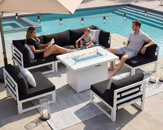 NICESOUL 7 Piece Luxury Aluminum Outdoor Sectional Sofa with Fire Pit Table, Oversized L Shaped Patio Furniture Set, 29" Deep Wide Seating, 500 lbs Heavy Duty Conversation Set for Backyard Deck, Black
