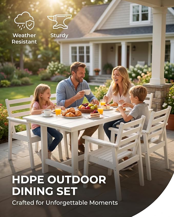 5 Piece HDPE Outdoor Dining Set for 4, Patio Dining Furniture Set with 2” Umbrella Hole, Weather Resistant Outdoor Table and Chairs for Garden, Poolside, Backyard, Deck
