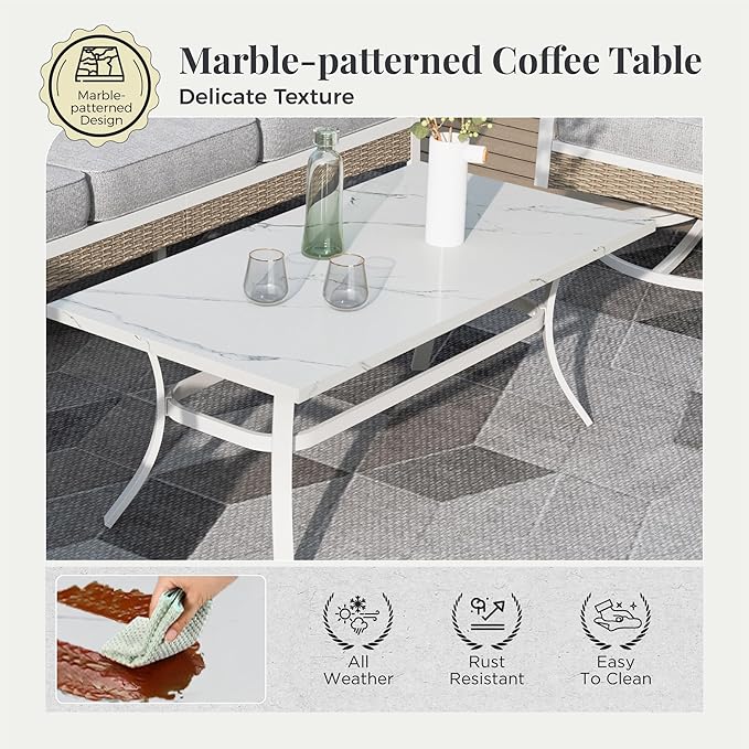 6 Piece Metal Patio Furniture Set, 7-Seat All Weather Outdoor Conversation Set with 3-Seat Sofa & 4 Fixed Chairs & Coffee Table, Outdoor Sofa Set for Backyard, Deck, Garden, White/Light Grey