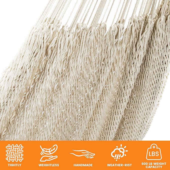 Lazy Daze Hammocks Handwoven Mayan Hammock with Heavy Duty Steel Stand, 10.5 FT Soft Rope Double Hammock for Patio Outside, 550 lbs Weight Capacity, Natural