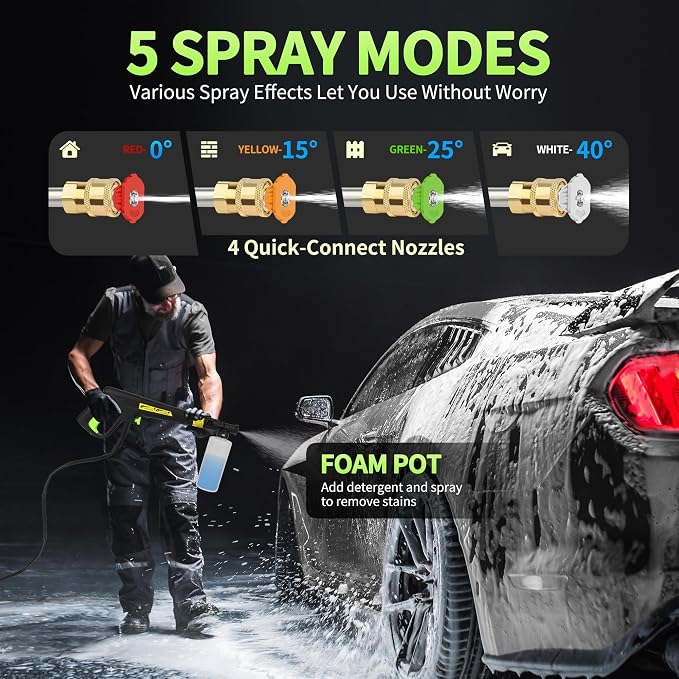Fenbeli 𝟓𝟎𝟎𝟎𝐏𝐒𝐈 𝐏𝐫𝐞𝐬𝐬𝐮𝐫𝐞 𝐖𝐚𝐬𝐡𝐞𝐫 Portable Washer Cleaner with 4 Quick Connect Nozzles for Car Driveway Patio Fence (Green)