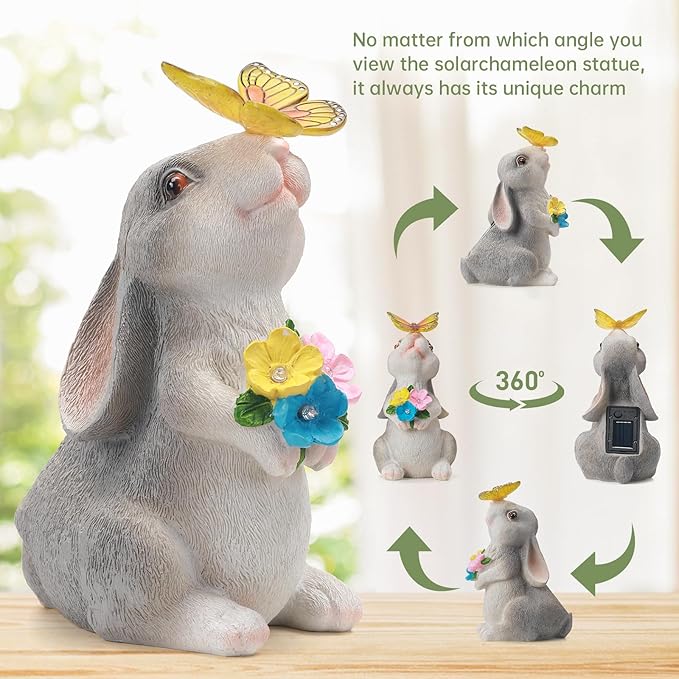 Solar Garden Statue Outdoor Decor, Rabbit Figurine with Butterfly LED Lights, Bunny Statue for Garden, Yard Decor, Lawn Ornament, Valentine's Day Birthday Gift for Women Mom Grandma