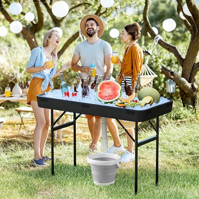 4 Foot Ice Tables for Parties with Drain, Ice Cooler Folding Table with Removable Matching Skirt, Party Ice Bin Table, Cooler Table Outdoor, Ice Table for BBQ, Camping & Picnic, Black