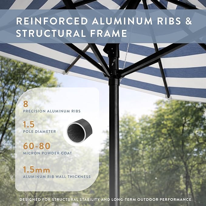 California Umbrella 8-Year Protection 9 Ft Outdoor Patio Umbrella, Solstice Fade-Resistant Fabric, Auto-Tilt, Heavy Duty Aluminum Frame, 8 Reinforced Ribs for Pool or Deck, Black Pole, Navy White Cabana Stripe