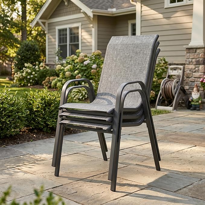 VICLLAX Square Outdoor Patio Dining Set, Metal Slatted Patio Table with Umbrella Hole and 4 Stackable Patio Chairs for Deck Lawn Garden, Grey Fabric and Antique Grey Tabletop