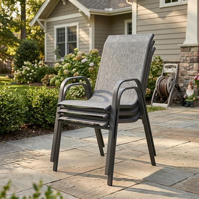 VICLLAX Round Outdoor Patio Dining Set for 4, Metal Slatted Patio Table with Umbrella Hole and 4 Stackable Patio Chairs for Deck Lawn Garden, Grey Fabric and Antique Grey Tabletop
