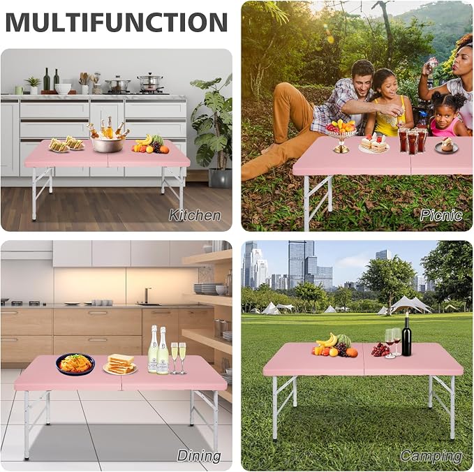 Portable 4Ft Folding Table, Heavy Duty Plastic Fold-in-Half Utility Foldable Table Small, Adjustable Height Plastic Folding Table with Carrying Handle for Camping & Party Indoor/Outdoor (Pink)
