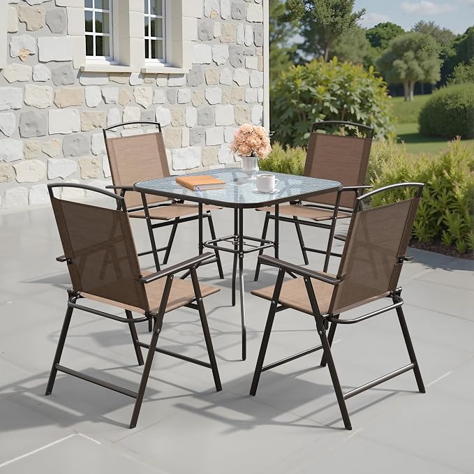 Crestlive Products 5 Piece Patio Dining Set with 4 Folding Chairs and Table Outdoor Dining Furniture with Square Glass Tabletop, Umbrella Hole for Bistro, Garden, Backyard, Deck (Brown)