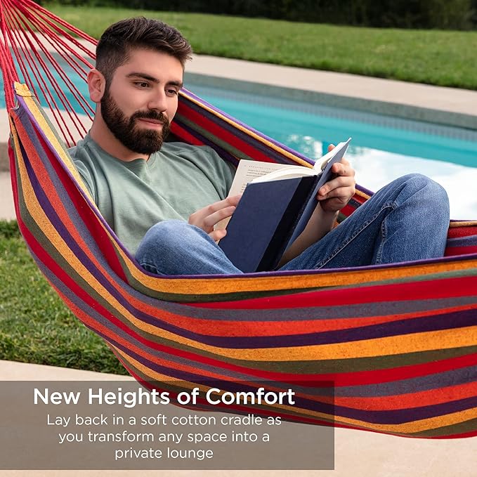 2-Person Cotton Double Hammock Bed with Portable Carrying Bag, Lightweight Hammocks for Backpacking, Travel, Beach, Backyard, Patio, Hiking (Rainbow)