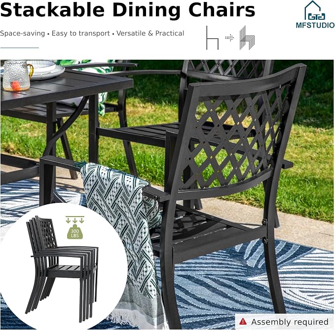 MFSTUDIO Outdoor Dining Set with Bench, Patio Table and Chairs Set for 6 with Umbrella Hole, Deck Garden Table Chair and Bench Set