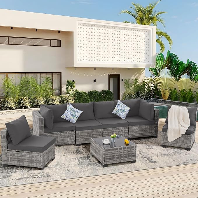 FHFO 14 Piece Outdoor Wicker Patio Furniture Set, Grey/Dark Grey | Sectional Sofa | All-Weather Hand-Woven Rattan | Tempered Glass Coffee Table | Free Combination | Indoor & Outdoor Use