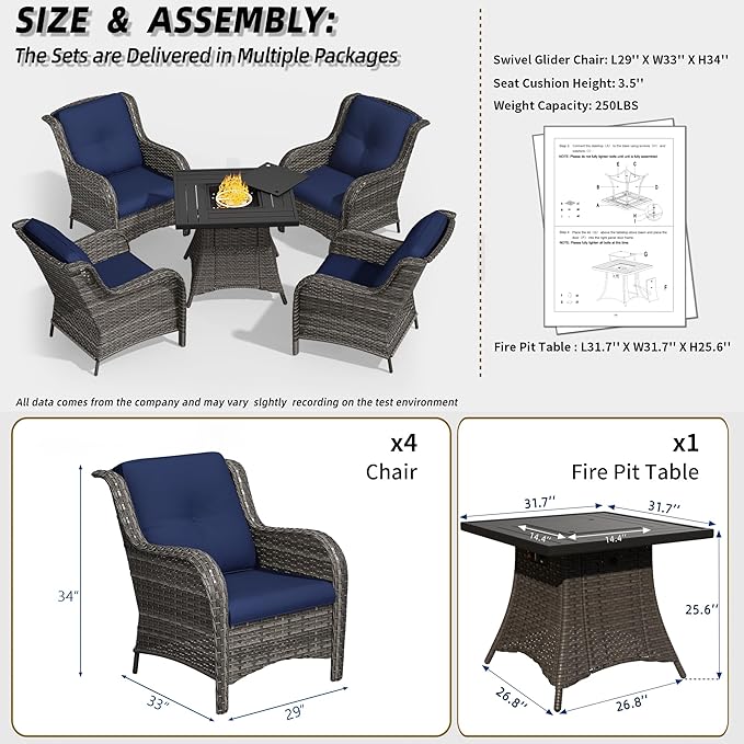5 Pcs Patio Furniture Set with Fire Table-31'' Fire Pit Table, 4 Outdoor Rattan Wicker Conversation Chairs (4 Fixed Chairs) (Blue)
