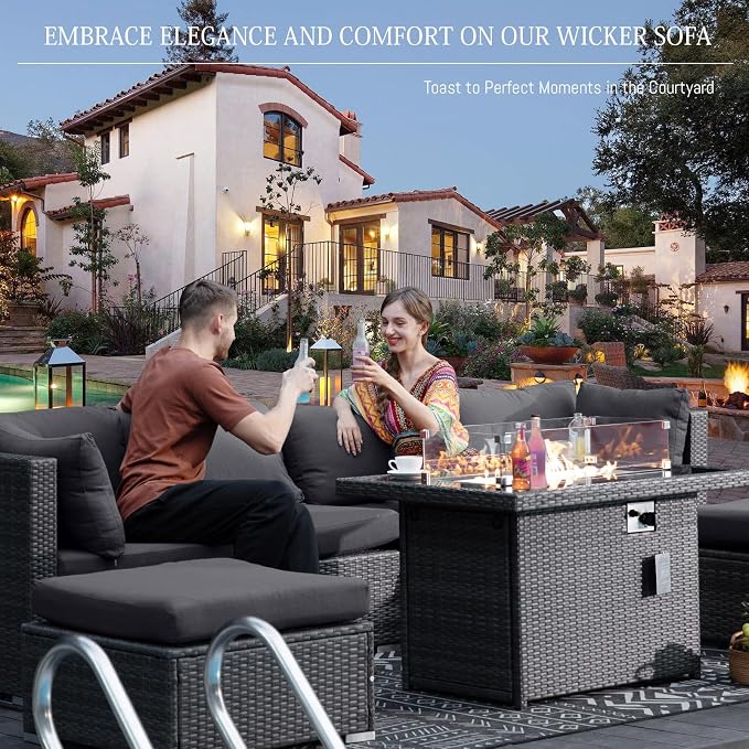 BULEXYARD 13 Piece High Back Outdoor Furniture Sets with Fire Pit, Luxury Patio Sectional Couch Sofa 12-Seater Modular, Comfortable Extra Large Wide Deep Backyard Seating Conversation Set, Dark Grey