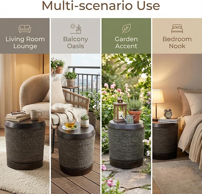 Round Outdoor Side Table MGO Concrete End Table with Simulated Braided Rope Texture, Fully Assembled Cylindrical Accent Side Tables for Patio, Balcony, Living Room, Garden,Vintage Dark Brown