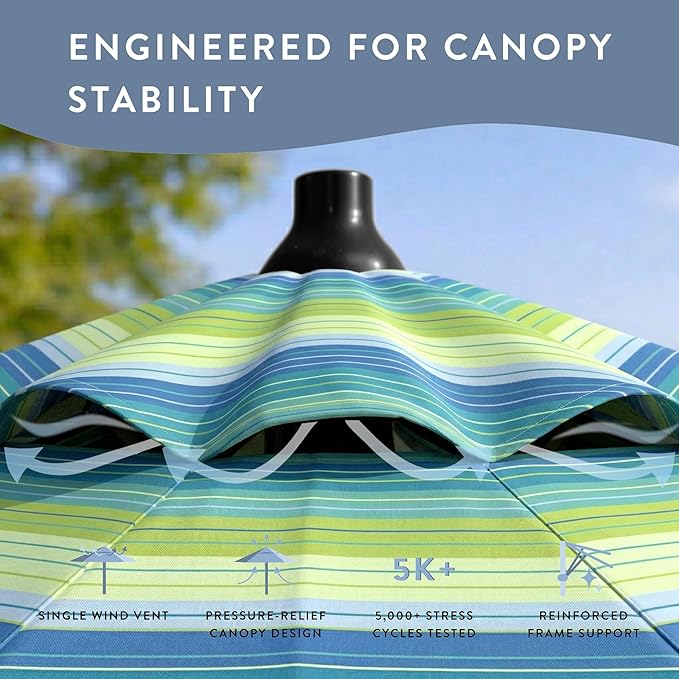 California Umbrella 12-Year Protection 7.5-Ft Outdoor Patio Umbrella, Sunbrella Fade-Resistant Fabric, Auto-Tilt, Heavy Duty Aluminum Frame, 8 Reinforced Ribs for Pool or Deck, Black Pole, Seville Seaside