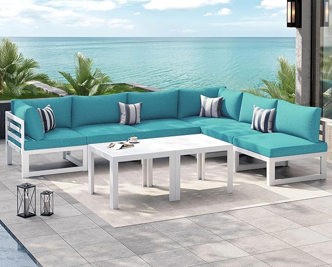 NICESOUL 8 Piece Oversized Modular Aluminum Outdoor Furniture Set with Coffee Table, 29" Deep and Wide Sectional Seating, 500 lbs High Weight Capacity Patio Conversation Set for Garden Deck, Turquoise