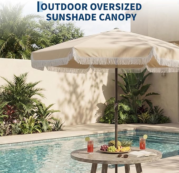 Garvee 10FT Fringe Patio Umbrella with Crank Handle, Push Button Tilt for Sun Shade, 8 Fiberglass Ribs, 1.5"D Premium Steel Pole, Outdoor Large Tassel Umbrella for Patio Beach Pool Backyard, 10' Beige